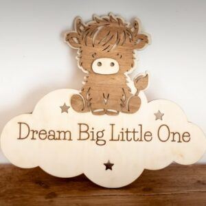 Personalised Highland Cow Nursery Wall Sign | Wooden Baby Room Decor | Custom Dream Big Sign | New Baby Gift