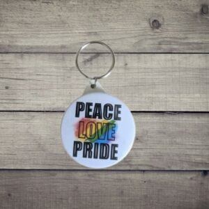 Peace, Love Pride Keyring with a Rainbow Design