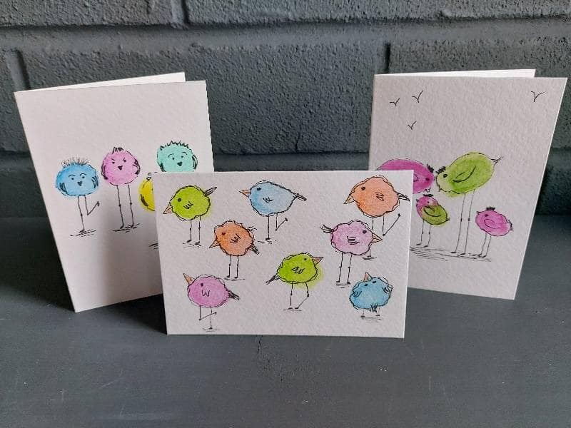 Set of 3 A^ notelets featuring quirky long legged birds drawn in watercolour and ink