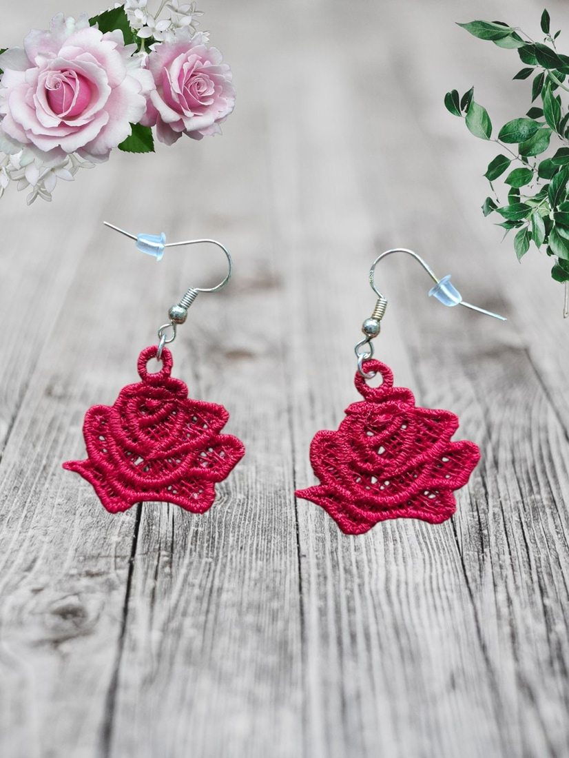 Elegant Red Roses Necklace & Earring Set - Freestanding Lace Embroidery - Image 3