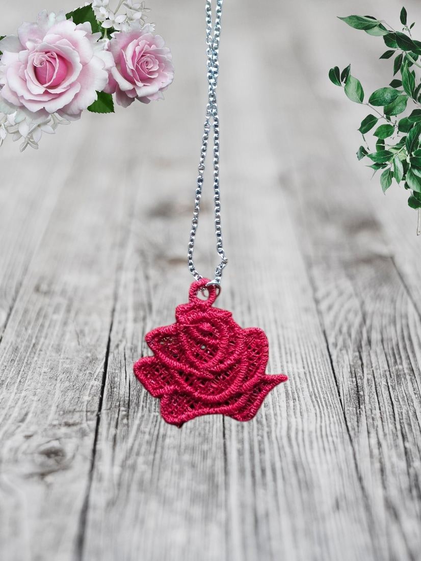 Elegant Red Roses Necklace & Earring Set - Freestanding Lace Embroidery - Image 2