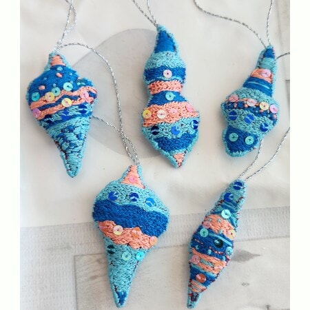 Set of 5 Scandi Style Hand embroidered Baubles