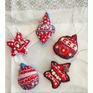 Set of 5 Red Scandi Style Hand embroidered Baubles