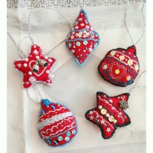 Set of 5 Red Scandi Style Hand embroidered Baubles