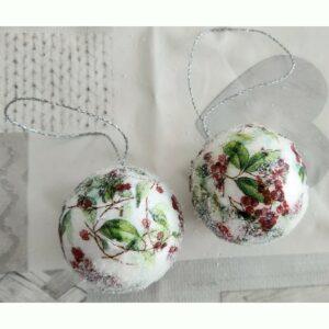 Set of 2 decoupaged polystyrene baubles, with berries and leaves design, 2 Sets available
