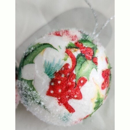 Set of 2 decoupaged polystyrene baubles, with holly and candy striped baubles design - Image 2