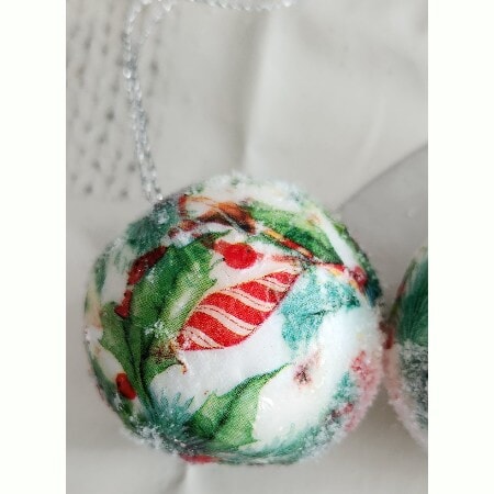 Set of 2 decoupaged polystyrene baubles, with holly and candy striped baubles design - Image 3