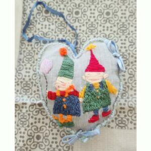Set of 2 Hand Embroidered Christmas Tree Decorations, cheeky elves and baubles designs