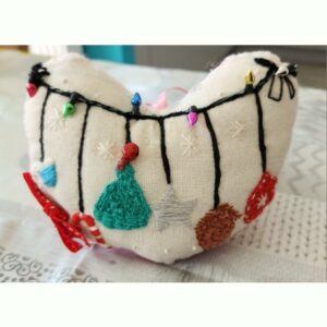 Hanging Heart Decoration with Christmas bunting, hand embroidered