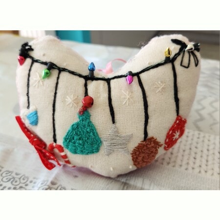 Hanging Heart Decoration with Christmas bunting, hand embroidered