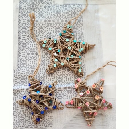 Set of 3 Twig and Jute String Stars with sequins, handmade