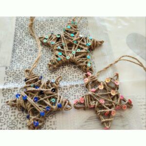Set of 3 Twig and Jute String Stars with sequins, handmade