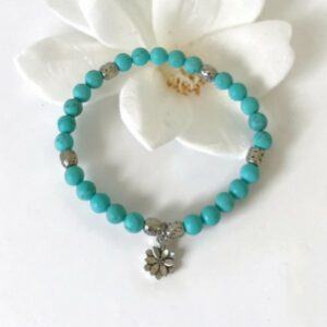 Dyed Turquoise Beaded Bracelet With Flower Charm
