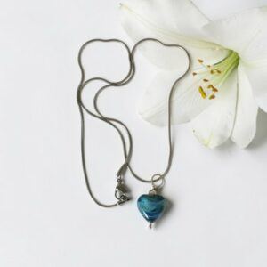 Ocean Tones Lamp Work Heart Pendant With Stainless Steel Snake Chain