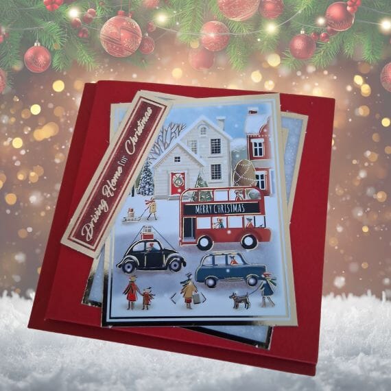 Christmas gift set card -featuring people, vehicles etc driving home for Christmas