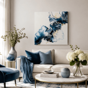 Blue & Cream Dutch Pour Square Canvas – 30cm | Unique Fluid Art Piece