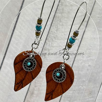 Handmade Wooden Leaf Earrings, Turquoise Howlite Earrings, Stainless Steel Hypoallergenic Earrings, Boho Nature Jewellery Gift. - Image 4