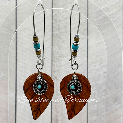 Handmade Wooden Leaf Earrings, Turquoise Howlite Earrings, Stainless Steel Hypoallergenic Earrings, Boho Nature Jewellery Gift. - Image 3
