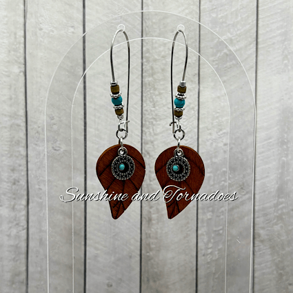 Handmade Wooden Leaf Earrings, Turquoise Howlite Earrings, Stainless Steel Hypoallergenic Earrings, Boho Nature Jewellery Gift. - Image 2