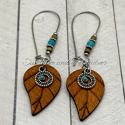 Handmade Wooden Leaf Earrings, Turquoise Howlite Earrings, Stainless Steel Hypoallergenic Earrings, Boho Nature Jewellery Gift. - Image 9