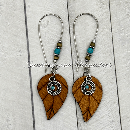 Handmade Wooden Leaf Earrings, Turquoise Howlite Earrings, Stainless Steel Hypoallergenic Earrings, Boho Nature Jewellery Gift. - Image 7