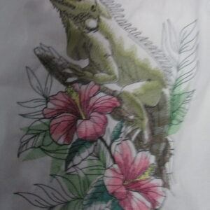 Customizable Machine Embroidered Iguana with Flowers: Tote Bag, Cushion Cover, or Wall Picture