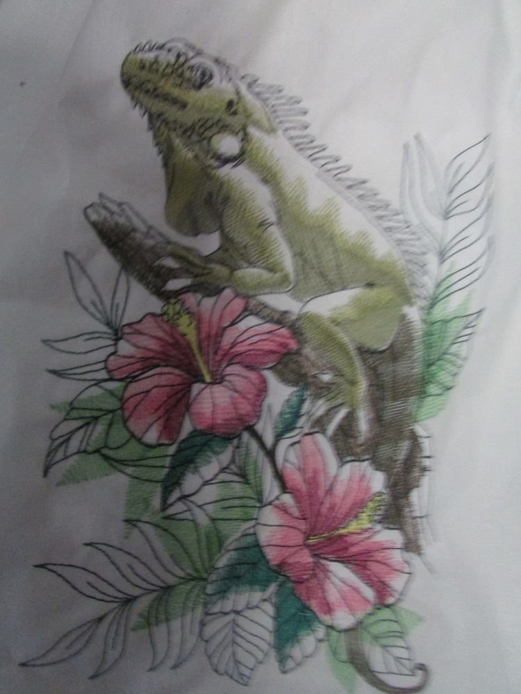 Customizable Machine Embroidered Iguana with Flowers: Tote Bag, Cushion Cover, or Wall Picture