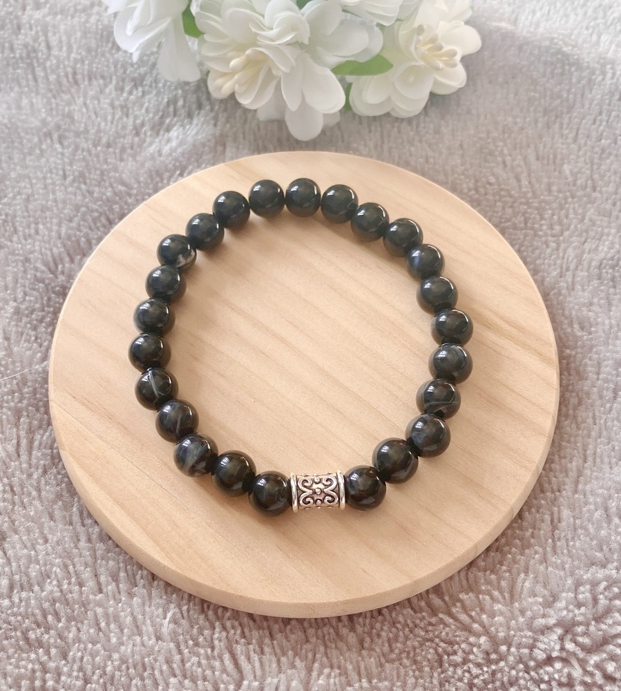 Men's Faux Gemstone Stretch Bracelet With Filigree Barrel Bead