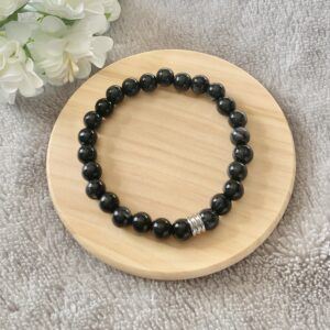 Men's Black and White Bead Stretch Bracelet With Ridged Silver Barrel Bead