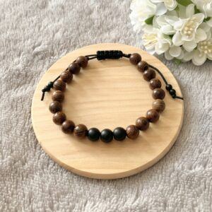 Men’s Wing Wood and Black Stone Bead Adjustable Cord Bracelet