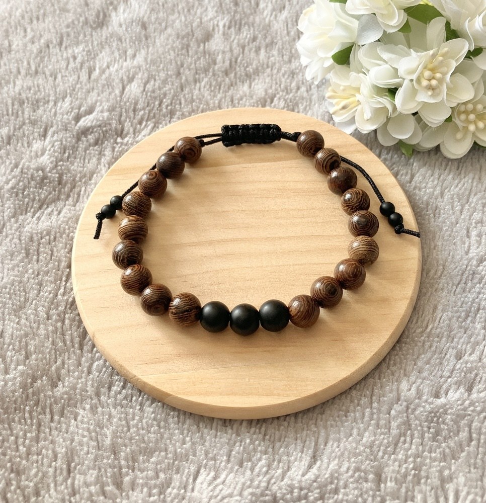 Men's Wing Wood and Black Stone Bead Adjustable Cord Bracelet