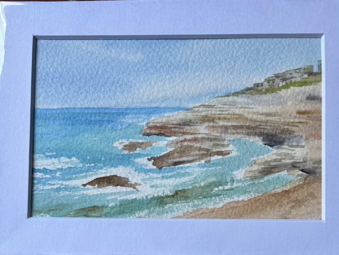 Original Watercolour Painting of Cyprus' Stunning Seashore - 7” x 5” Mounted Art