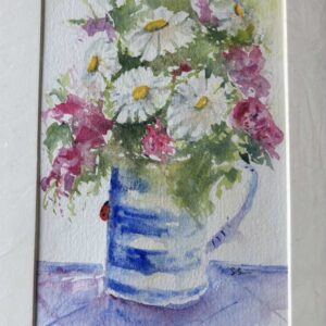 Charming Original Watercolour Painting: Jug of Flowers with Ladybird