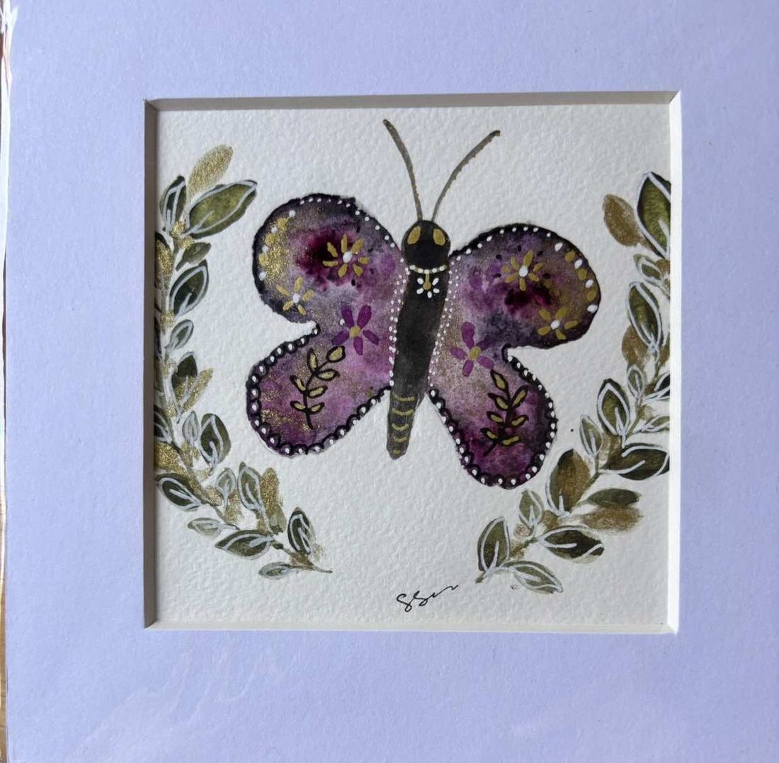 Whimsical Butterfly with Purple, Pink, and Gold Accents in 10cm Square Mount