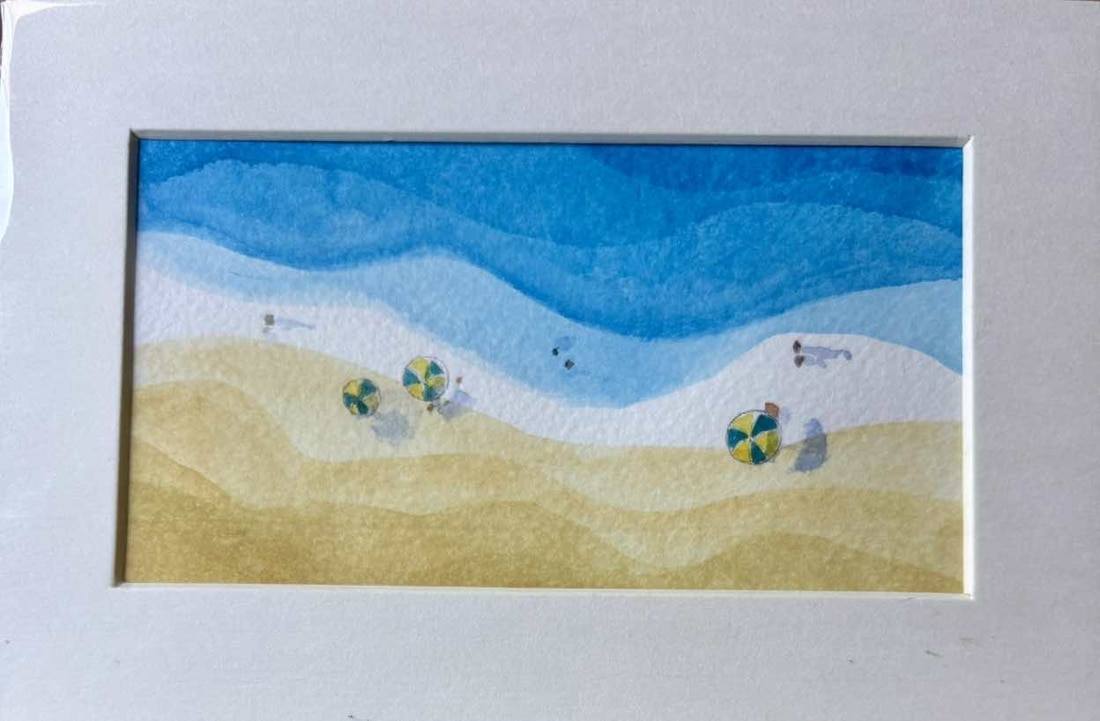 Original Miniature Watercolour Beach Scene from Above – Ideal Gift Card Insert