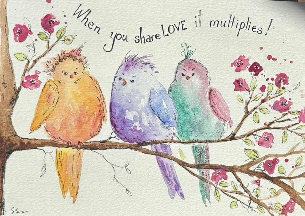 Hand-Painted A5 Greeting Card with Birds and Blossoms