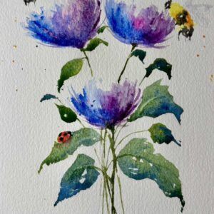 Handpainted A5 Watercolour Card with Blue & Purple Flowers