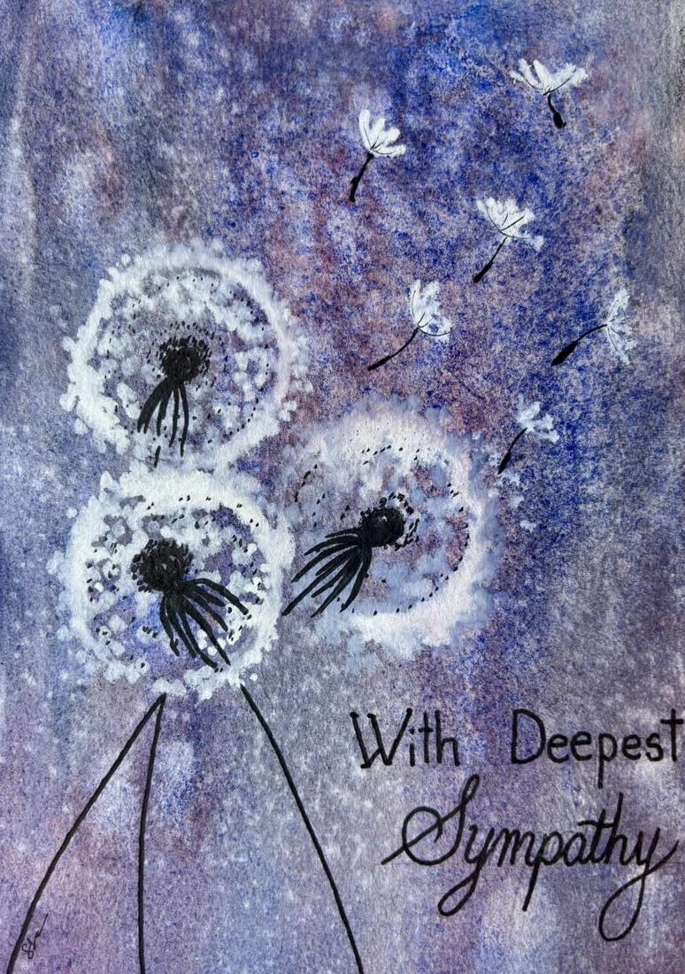 Handpainted A5 Sympathy Card with Purple Dandelion Flower Clocks