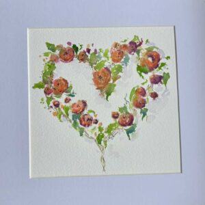 Original Heart Watercolour Painting with Orange Roses and Gold Accents – 20cm Square Mount