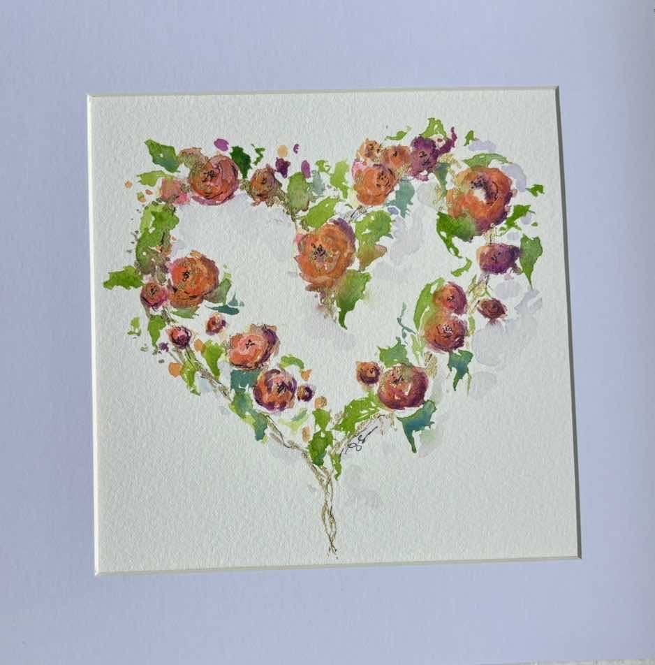 Original Heart Watercolour Painting with Orange Roses and Gold Accents - 20cm Square Mount