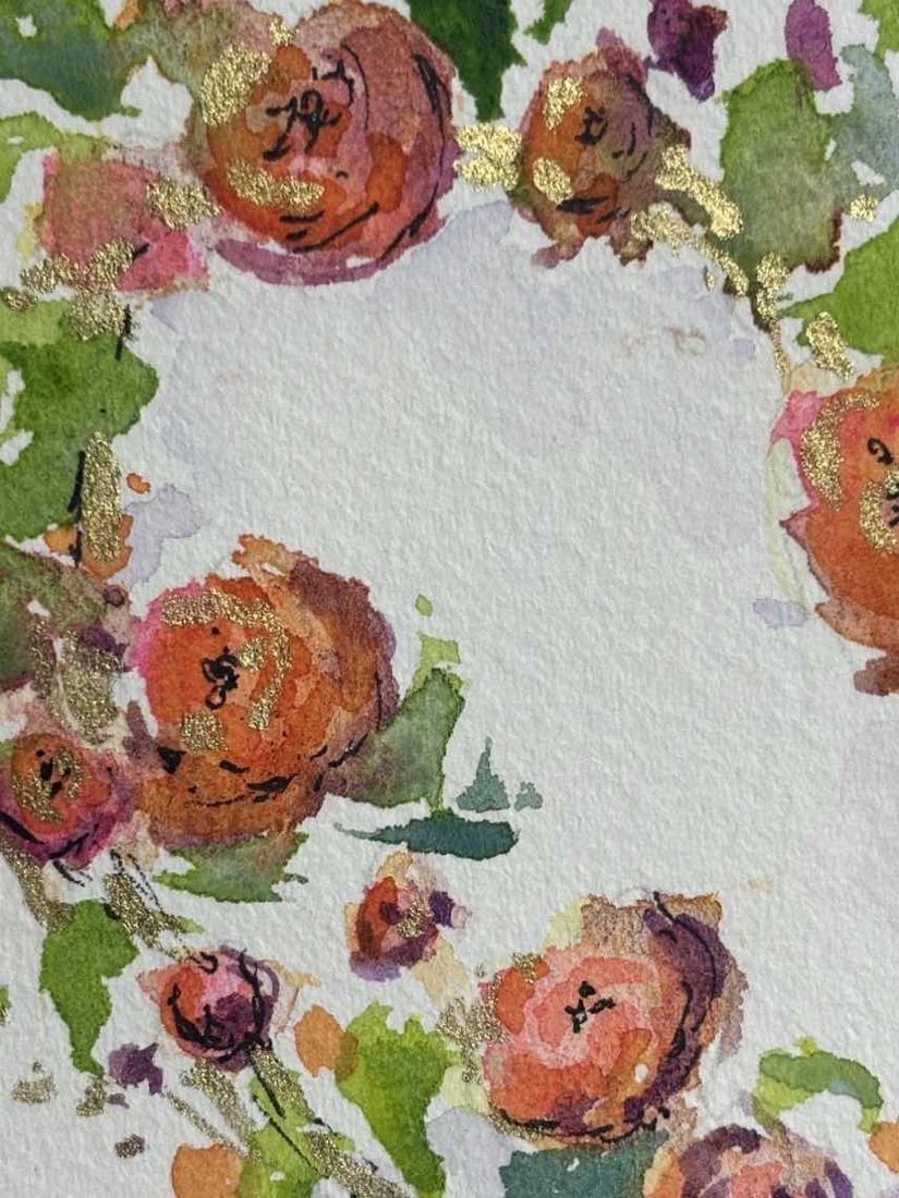 Original Heart Watercolour Painting with Orange Roses and Gold Accents - 20cm Square Mount - Image 2