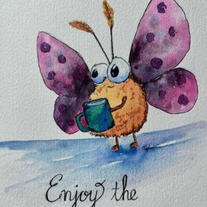 Handpainted A5 Watercolour Card: Butterfly Enjoying Coffee by Sarah Johnson