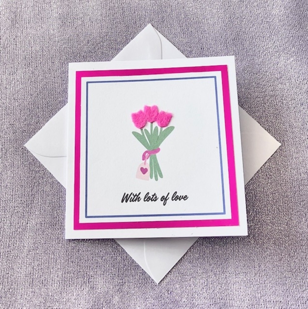 'With lots of love' Tulips Card with pink mount (4x4 inch)