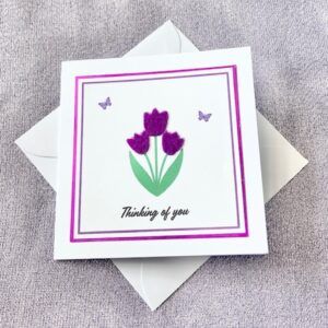 ‘Thinking of you’ Purple Tulips Card (4×4 inch)