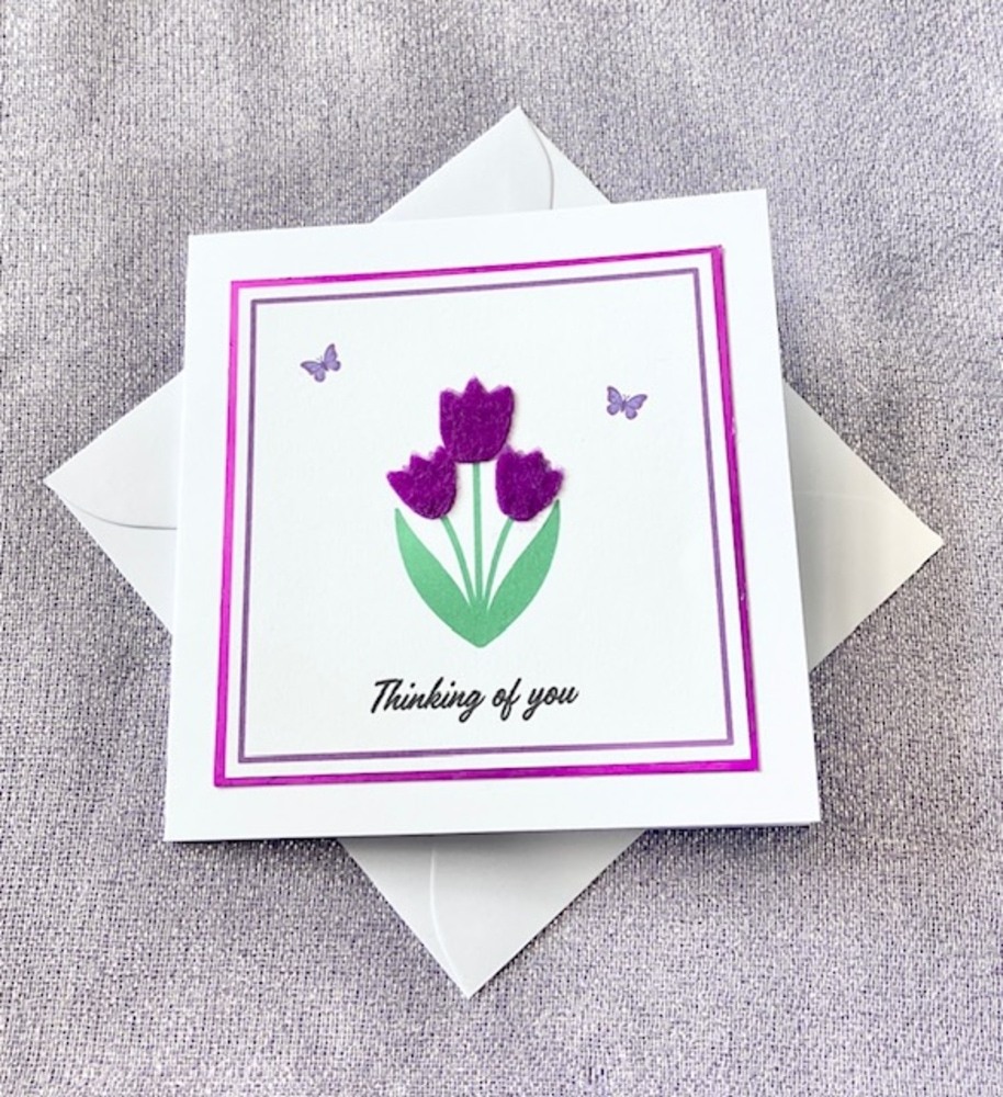 'Thinking of you' Purple Tulips Card (4x4 inch)