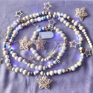 Wooden Beaded Garland with Stars and Lights