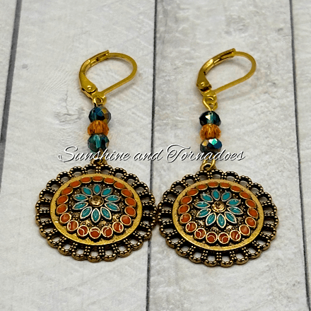 Handmade Boho Czech Crystal Earrings | Mediterranean Style Statement Earrings | Gold Filigree Drop Earrings | Colourful Festival Jewellery | Gift for Her - Image 3