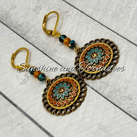 Handmade Boho Czech Crystal Earrings | Mediterranean Style Statement Earrings | Gold Filigree Drop Earrings | Colourful Festival Jewellery | Gift for Her - Image 4
