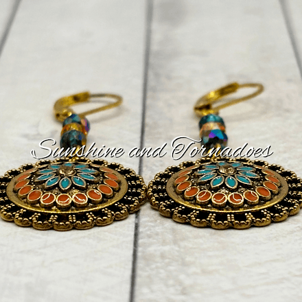 Handmade Boho Czech Crystal Earrings | Mediterranean Style Statement Earrings | Gold Filigree Drop Earrings | Colourful Festival Jewellery | Gift for Her - Image 5