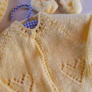 Hand knitted baby matinee set. Approx 0 to 3 mths. All proceeds to The Stroke Association